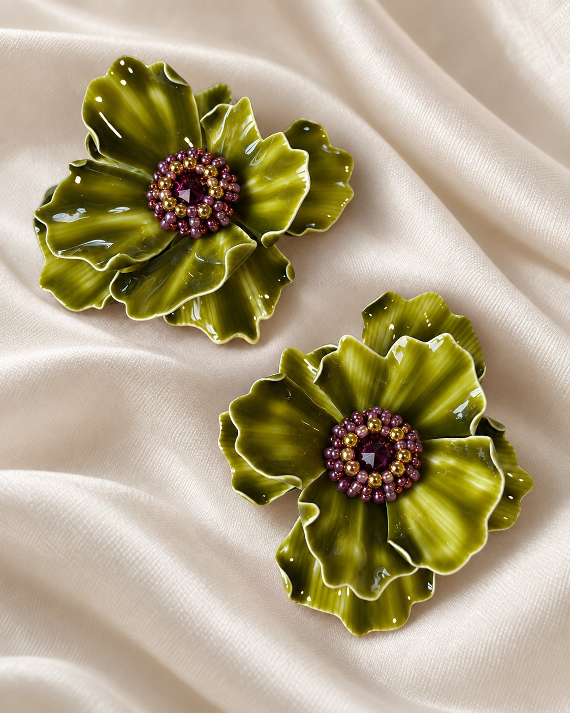 Orecchini Peonia Green Olive & Burgundy